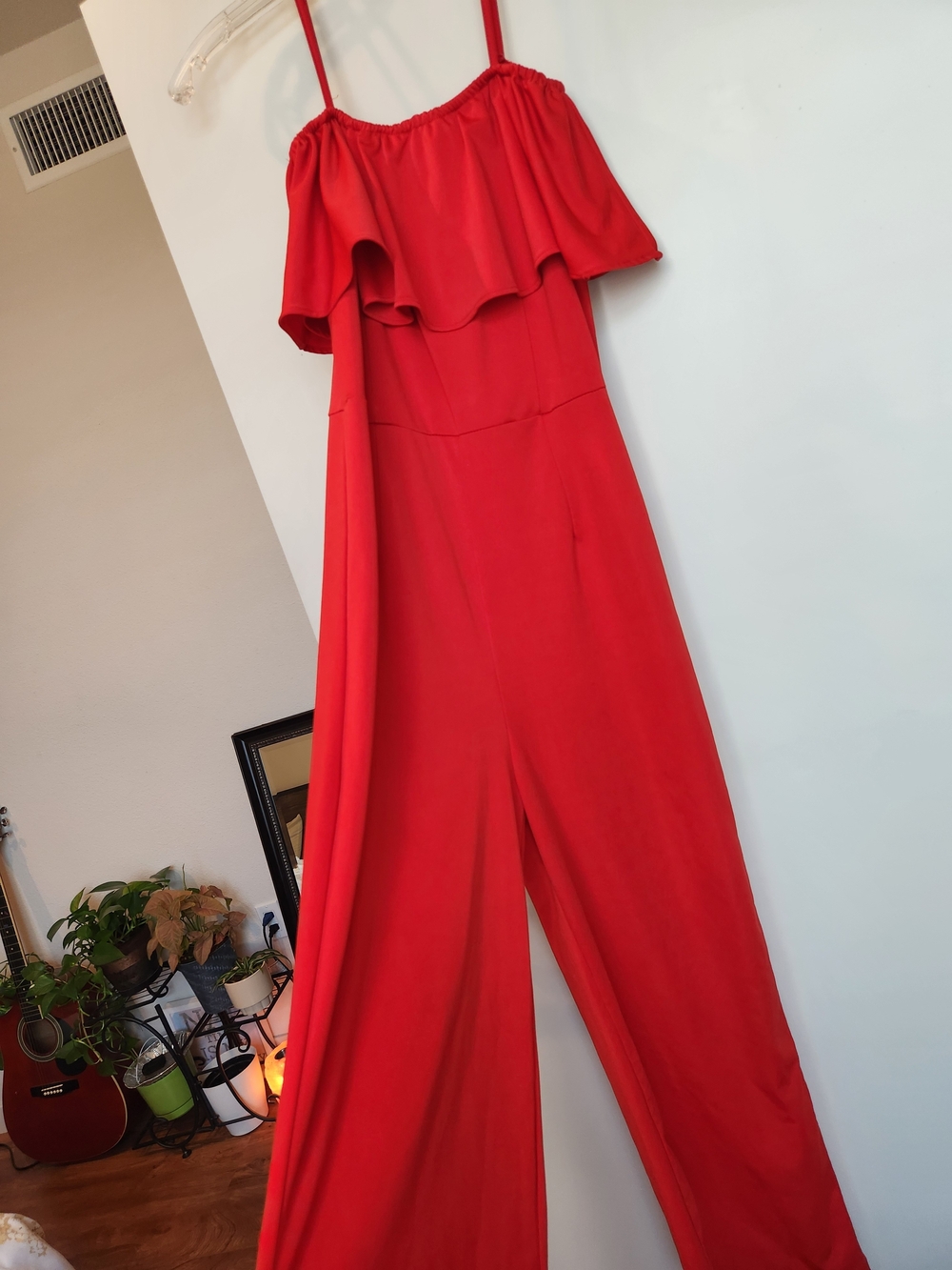 Red Off-Shoulder Ruffle Jumpsuit - Picture 7 of 9